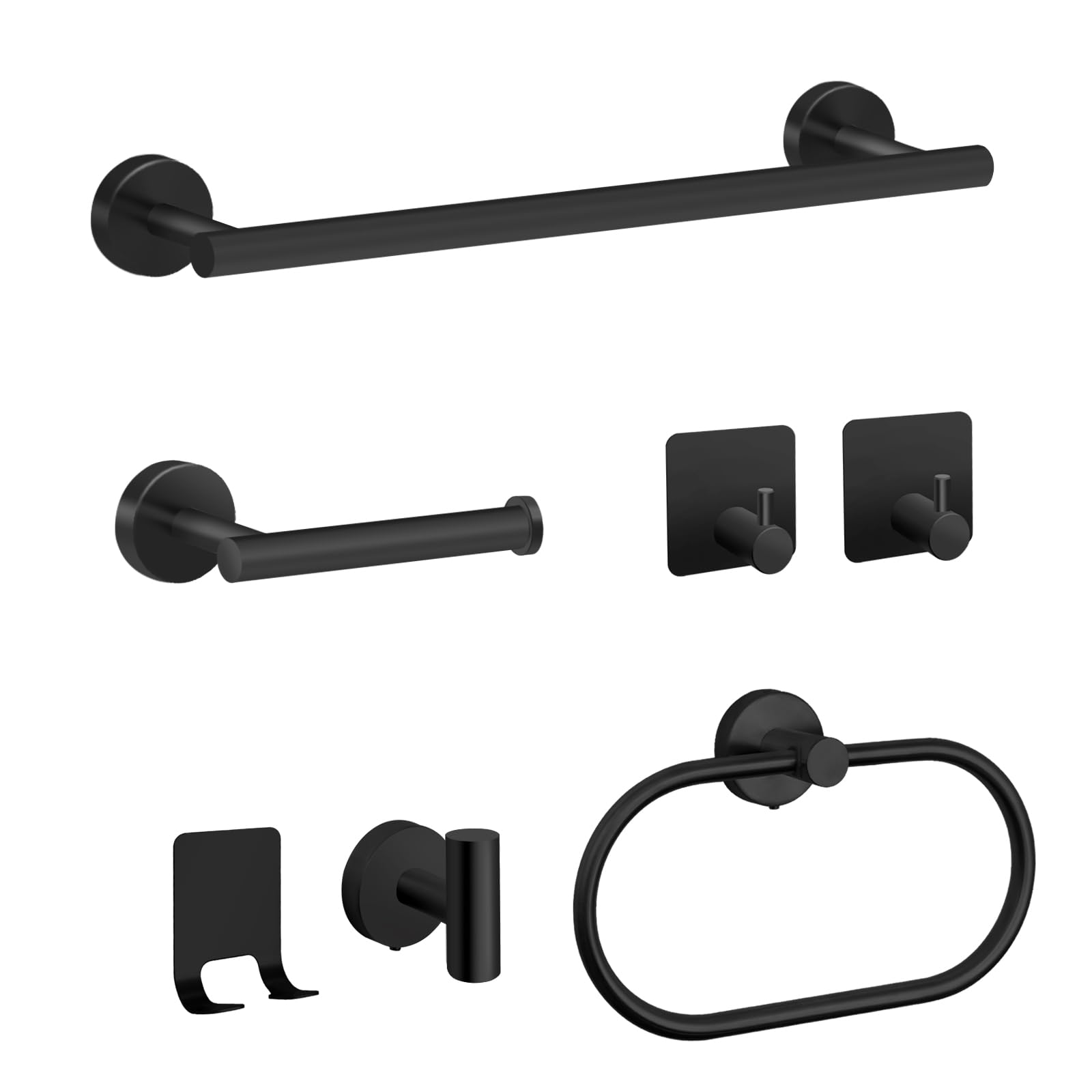 7-Piece Bathroom Accessory Set, Stainless Steel Bathroom Hardware Set, Matt Black Bathroom Tower Rack Set Includes 40 cm Towel Holder, Toilet Paper Holder, Towel Ring, 4 Robe Towel Hooks (Black)