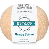 Estako Happy Cotton 60% Cotton 40% Acrylic Yarn, Fine Sport Weight 2, Nude | soft, 50 g, 180 yds, baby clothes, amigurumi, 2-3 mm hook, summer tops, hats, blankets