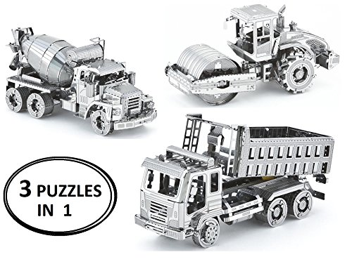 3d metal puzzle models of cement mixer, dump truck and road rolle…
