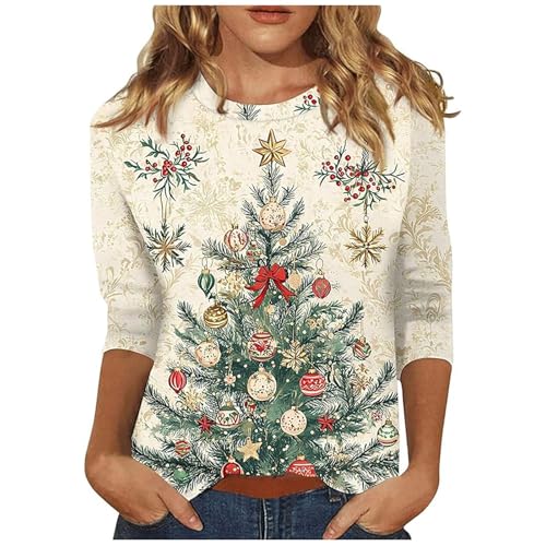 Womens Christmas Jumper 2025, 3/4 Sleeve Christmas Tops for Women UK Plus Size Funny Xmas Jumpers Ladies Casual T-Shirts