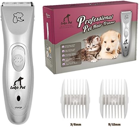 Leko Pet Professional Electric Rechargeable Clippers for Dog &amp; Cat, Super Mute Cordless Trimmer Grooming Kit with 3-6-9-12 mm Comb (Silver)