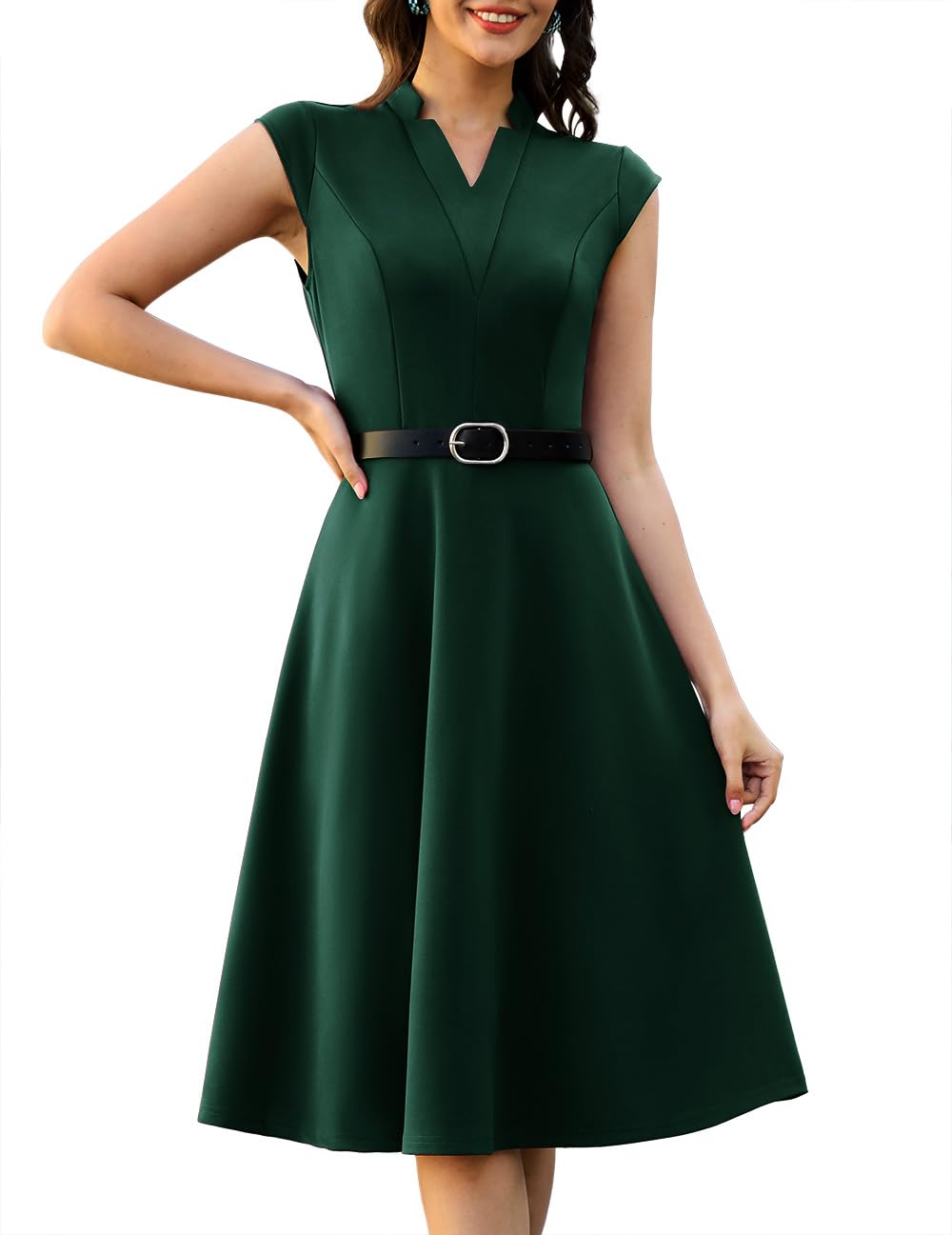 Photo 1 of (MISSING BELT) Wedtrend Women's Easter Dress A-Line Midi Cocktail Dress with Belt, Cap Sleeve Vacation Dress for Women, Vintage Dinner Summer Church Dresses WTP30017DarkGreenM