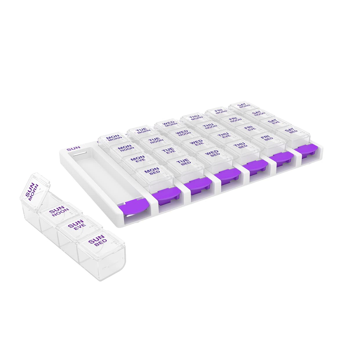 Photo 1 of EZY DOSE Weekly (7 Day) 4 Times a Day Push Button Pill Organizer and Vitamin Planner, Removable Daily Pillboxes, Purple, Clear Lids, Small