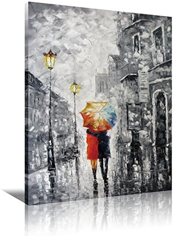 PuTianRen Romantic Couple Umbrella Canvas Wall Art Modern Abstract Oil Painting City Street View Cityscape Artwork Walking Black and White Wall Decor for Bedroom Framed and Stretched Ready to Hang