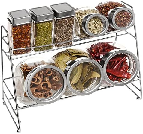 Set of 8 Deluxe Clear Glass Lidded Condiment Canister Jars / Spice Shakers w/ 2 Tier Metal Display Rack