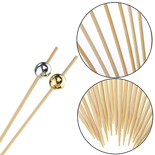 Jyongmer 200 Counts 4.7" Gold & Silver Pearl Handmade Bamboo Toothpicks, Fruit Sticks, Cocktail Picks,Wooden Toothpicks Party Supplies