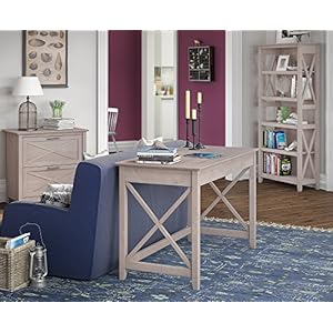 Bush Furniture Key West 54W Computer Desk with Storage, 2 Drawer Lateral File Cabinet and 5 Shelf Bookcase in Washed Gray