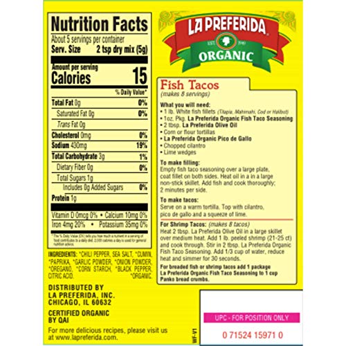 La Preferida Mexican Foods, Organic Fish Taco Seasoning, No MSG or Artificial Preservatives, 1