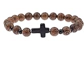 COLORFUL BLING Wood Beaded Cross Stretch Rosary Bracelet for Men First Communion Religious Cross Statement Wrist Bangle Faith Prayer Jewelry