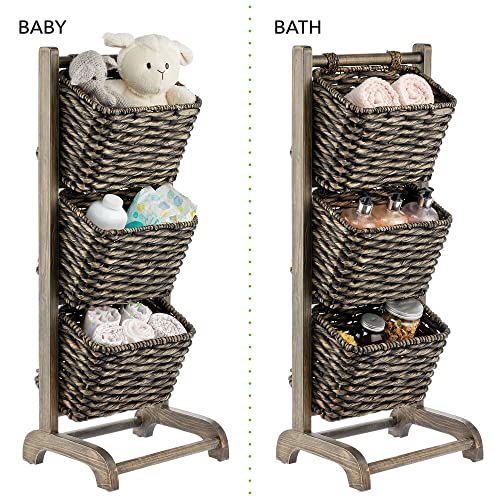 mDesign Wood Tiered Storage Baskets Shelf Stand with 3 Decorative