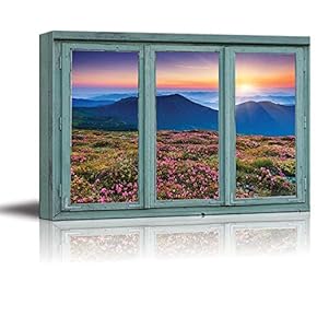 A View of a Setting Sun Across The top of a Mountain Range with Heather Fields in Bloom - Canvas Art Home Art - 24x36 inches
