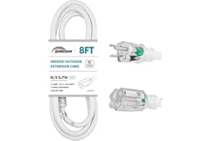 HONDERSON Indoor Outdoor Extension Cord Weatherproof with Lighted End, UL Listed, 16 Gauge 8FT White 3 Prong Heavy Duty, 16/3 SJTW 13A Power Cord for Outdoor Lights, Lawn