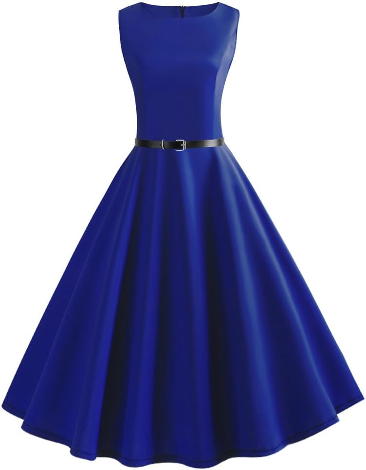 Women Dresses Lady Vintage Print Bodycon Sleeveless Evening Party Swing Dress Belt