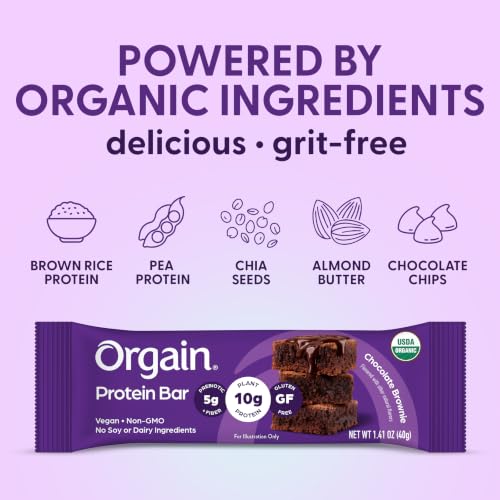 Orgain Organic Vegan Protein Bars, Chocolate Brownie - 10g Plant Based Protein, Gluten Free Snack Bar, Low Sugar, Dairy Free, Soy Free, Lactose Free, Non GMO, 1.41 Oz (12 Count)