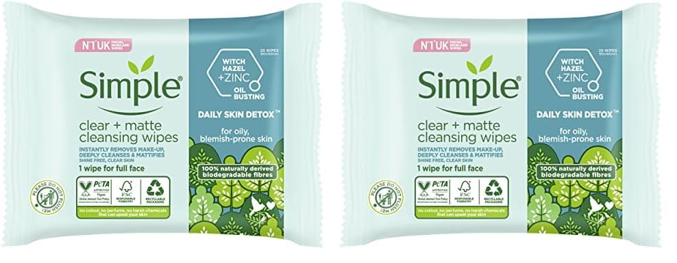 Simple Daily Skin Detox Clear + Matte Biodegradable Wipes with vitamin B3 cleansing make-up remover for oily skin 20 wipes (Pack of 2)