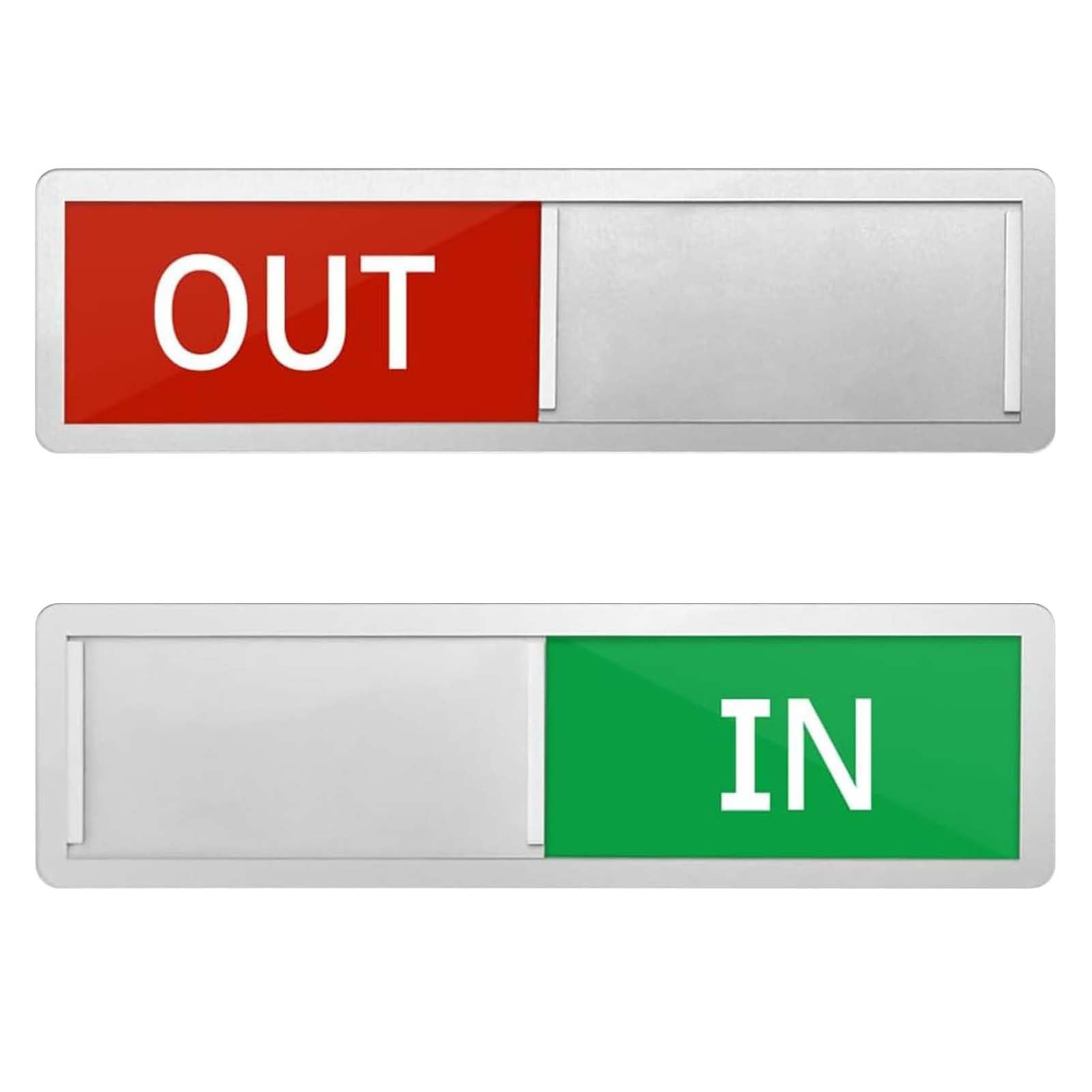 IN/OUT Sliding Door Sign With Magnetic Slider - Vacant Occupied Indicator for Privacy - Non-Scratch Clear Silver