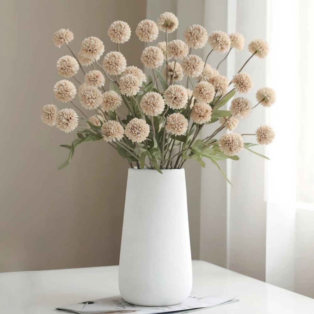Photo 1 of 10PCS Artificial Chrysanthemum Ball Flowers Fake Mums with Long Stems Pom Pom Faux Mini Mum Flower Arrangements for Home Party Wedding Decoration (Beige)