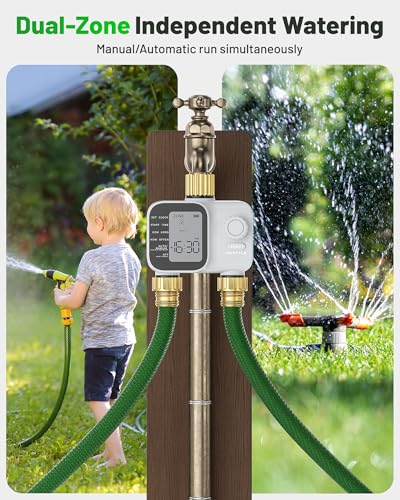 [2026 All-New] Water Timer 2 Zones, Unistyle Hose Timer 2 Outlets for Sprinkler Irrigation, Brass Inlet, Easy to Set up, Precise Control, Auto/Manual/Delay Modes for Garden Watering