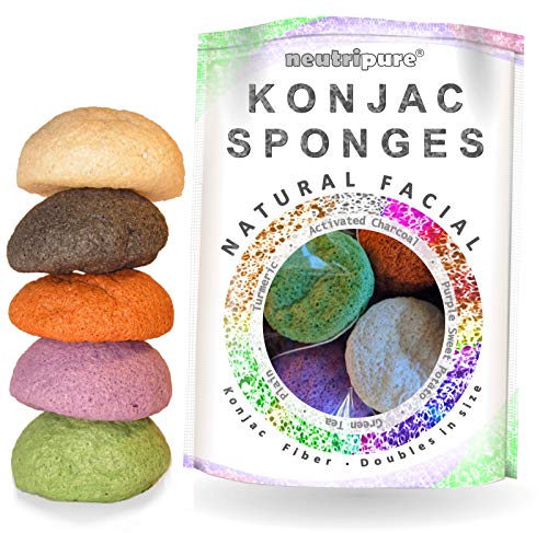 Konjac Sponge Set: Organic Skincare Facial for Natural Exfoliating and Deep Pore Cleansing 5 Piece Sampler Pack Infused with Charcoal, Turmeric, Green Tea