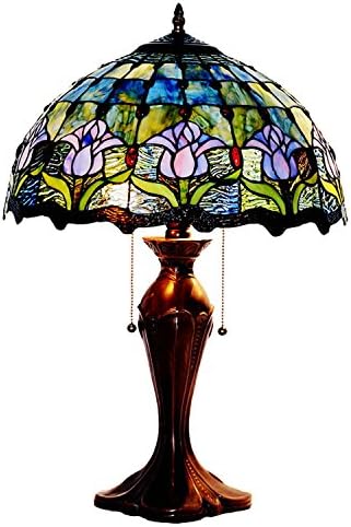 Table Lamps,Magcolor Tiffany Style Stained Glass Tulips Table Lamp with 16 inches Handmade Lampshade and Brown Round Lamp Base Made of Zinc Alloy,Suitable for Decorating Room