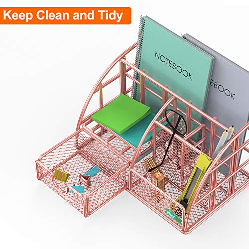 NiceGo Rose Gold Desk Organizer with Sliding Drawer,File Tray and Pen Holder Paper Organizer Upright Sections, Metal Mesh Multi-Functional Stationery Desk Supply Organizer for Office and School etc - Thumbnail 3