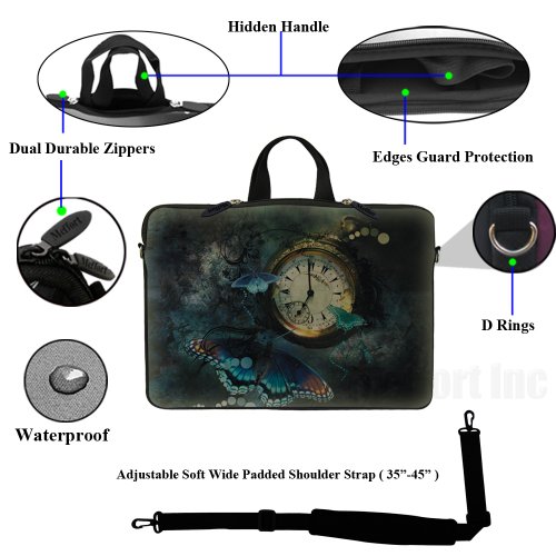 Meffort Inc 13 13.3 Inch Neoprene Laptop / Ultrabook / Chromebook Bag Carrying Sleeve with Hidden Handle and Adjustable Shoulder Strap (Clock Butterfly)