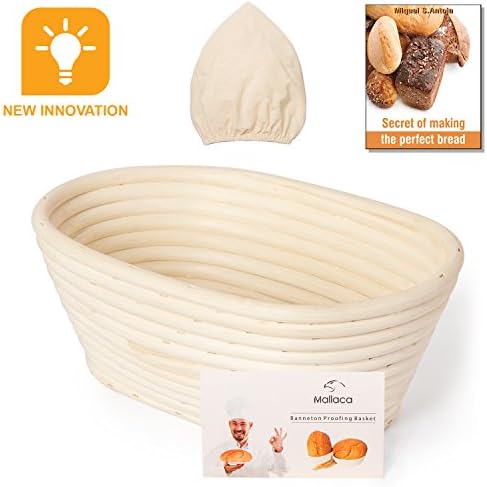 Anti-Mold Mildew NEW INNOVATION 9.75 inch Oval Banneton Proofing Basket &amp; Brotform Cloth Liner for Bread Dough, Natural Rattan Ebook Gift by Mallaca