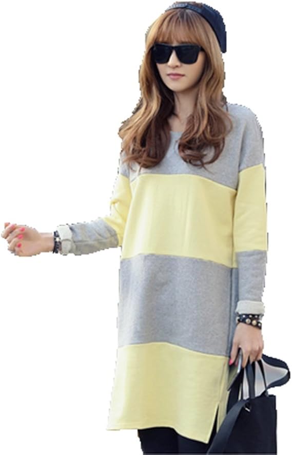 Amazon Jingchuan バイカラー切り替えロング丈長袖ワンピースtシャツ トップス カットソー ワンピース 長袖tシャツ ボーダー バイカラー 切り替え デザイン カワイイ オシャレ カジュアル ロング丈tシャツ ワンピース チュニック 通販