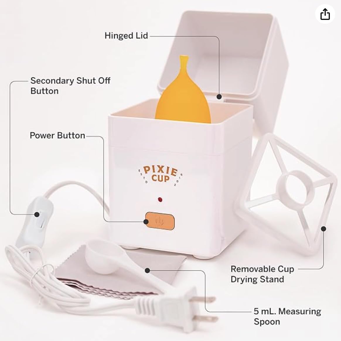 Pixie Menstrual Cup Steam Cleaner - Wash Your Cup + Kill 99.9% of Germs with Cleanser Steam for Feminine Care - 3 Minutes and Your Period Cup is Sterile! Automatic Timing Shut Off Switch (White)