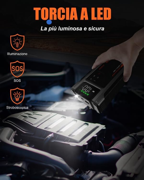 Booster Avviamento Auto con Compressore d'aria Avviatore Emergenza per Auto da 6000A (10L Benzina/8.5L di Gasolio) 12V con 3 Modalità Torcia Avviatore Batteria Portatile