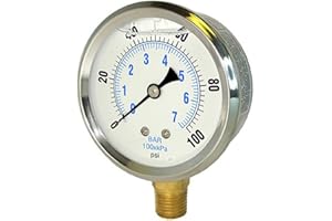 PIC Gauges PRO-201L-254E 0-100 PSI Pressure Gauge, 2 1/2" Dial, 1/4" Male NPT Connection, Bottom Mount, Dual Scale, Glycerin Filled, Stainless Steel Case/Bezel, Brass Internals & Plastic Lens