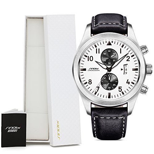 SINOBI Men Military Chronograph Wrist Watches Sub-dials Date Leather Sports Quartz Male Watch Black 2017