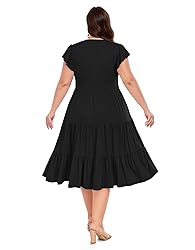 Moon Wood Womens Plus Size V Neck Ruffle Midi Dress