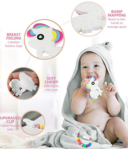 FANSIDI Baby Teething Toys Colorful Unicorn Theme Teethers& Gums Massagers with a Rainbow Pacifier Clip Holder Set - Easy to Hold, Soft, Bendable and Freezer Safe, Gift idea for Baby Boys or Girls - Thumbnail 2