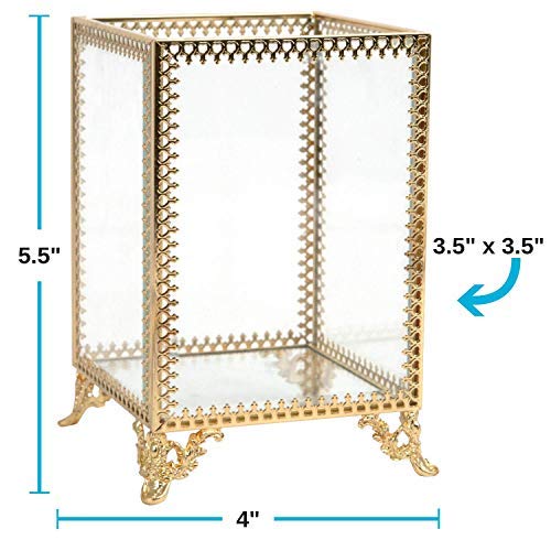 Houseables Makeup Brush Holder, Cosmetic Organizer, 4”W x 5.5”H, White Pearls, Brass Jar, Glass Panels, Dressing Table Accessories, Decorative Vanity Storage, Gold Cup, Clear Countertop Container - Thumbnail 2
