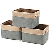 EZOWare Set of 3 Collapsible Large Cube Fabric Linen Canvas Storage Bins Baskets for Shelves Cubby Laundry Playroom Closet Clothes Shoe Baby Toy with Handles (Brown/Gray)