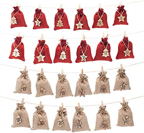 SOGREA 24 Day Countdown Advent Calendar Gift Bags Jute Packing Storage Linen Jewelry Pouches Sacks for Christmas Decorations or Wedding Bridal Shower DIY Crafts Gift Party Favor Gifts