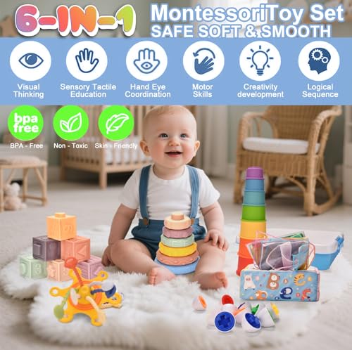 Baby Toys 6 to 12 Months,6 in 1 Montessori Toys for Babies 6-12 Months,Sensory Toy Babies Stacking Blocks Rings,Infant Teething Toy Cups Tissue Box Toy for 6 8 9 12 Months Boys & Girls Baby Gift