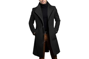 Trench Coat for Men Wool Blend Jacket Casual Single Breasted Lapel Mid-Length Classic Business Pea Coat With Pockets