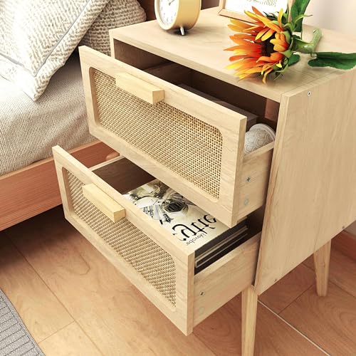 YAUKOMEL Scandinavian Bedside Table, Rattan Nightstand, 2 Drawers in Rattan, Side Table, Wooden Night Table, Sofa End with Wooden Handle for Living Room, Bedroom, Office, Natural DECTG59Y