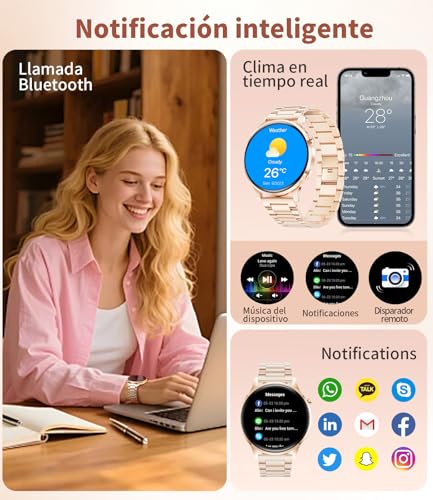 Reloj Inteligente Mujer, 1.32" AMOLED Smart Watch con Llamadas Bluetooth, 120+ Deportes Smartwatch Mujer con 2 Correas, IP68 Waterproof, Sueño, Actividad Calorías Podómetro Android iOS (Oro rosa)