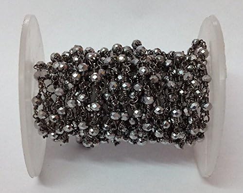 KIRANBEADS - 5 Feet Silver Pyrite Hydro Rosary Beaded Chain - Spacer Seed Bead Beaded Chain - Oxidized Wire Wrapped Chain - Beads 3-3.5mm
