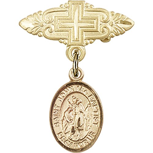 Gold Filled Baby Badge with St. John the Baptist Charm and Badge Pin with Cross 1 X 3/4 inches