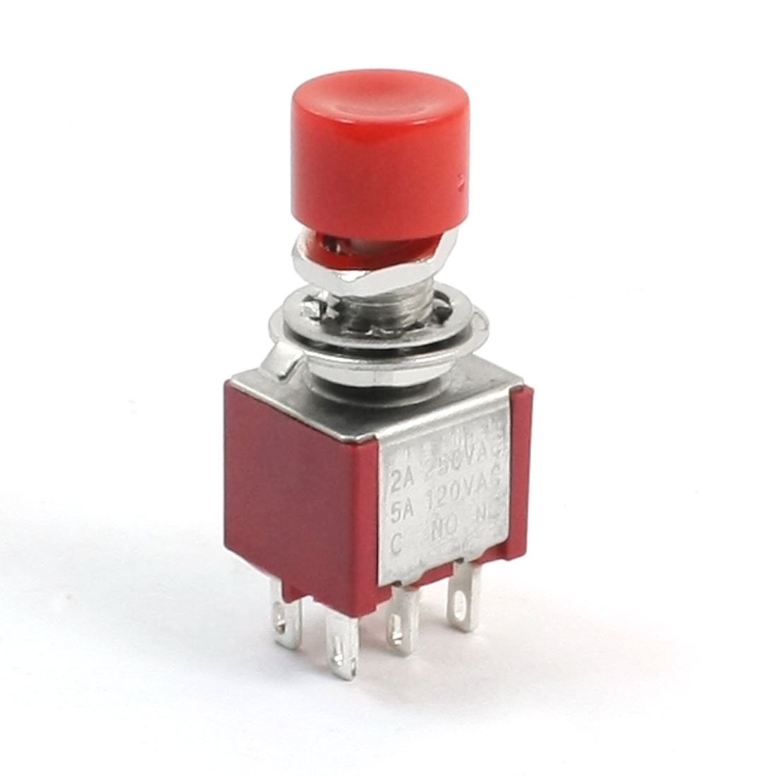 Sourcingmap AC 120V 5A Red Cap 6 Pin DPDT 2 Positions Momentary Push Button Switch - Red, Silver Tone