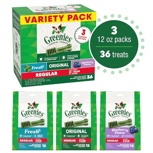 GREENIES REGULAR NATURAL DENTAL CARE DOG TREATS, 36 OZ. VARIETY PACK, 3 PACKS OF 12 OZ. TREATS