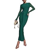 Cosonsen Women’s Bodycon Dress Mesh Long Sleeve Open Back Maxi Dresses with Sash