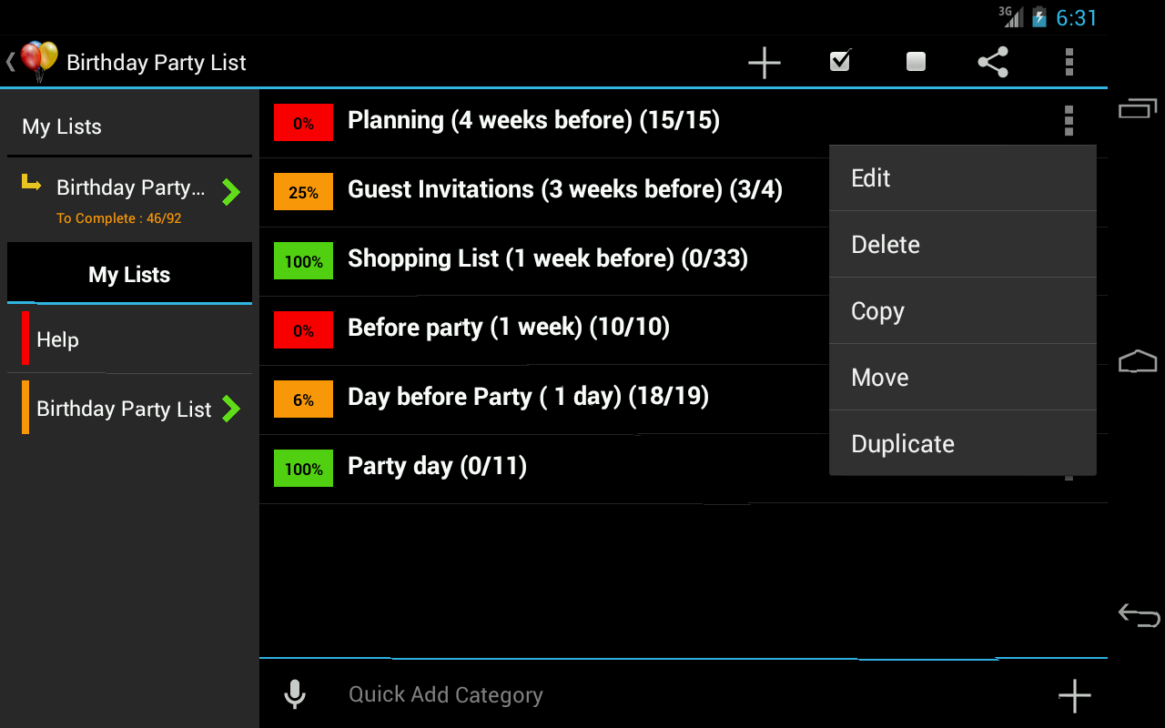 Birthday Planning List
