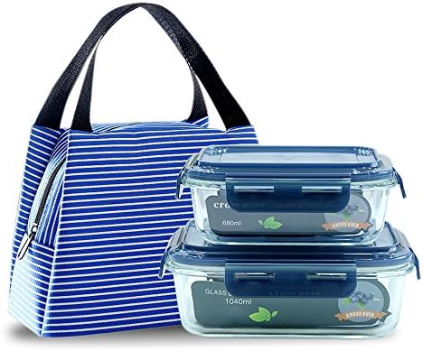 Rommeka Glass Meal Prep Containers 2 Pack (23.2 &35.5 oz) with Lunch Tote Bag, Leakproof Bento Box Snack Food Saver Adult Office-Microwave, Freezer, Oven