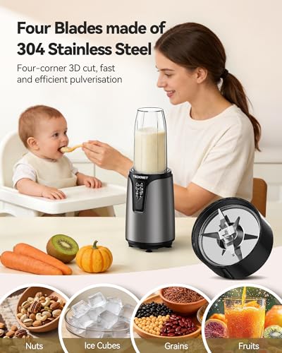 TECKNET Personal Blender Smoothie Maker, 1000W Powerful 25,000PRM, Blends Fruit & Vegetables, 2x600ml Portable Travel Cups with Spout Lids & Handled Ring, Makes Smoothies & Juice, Grey