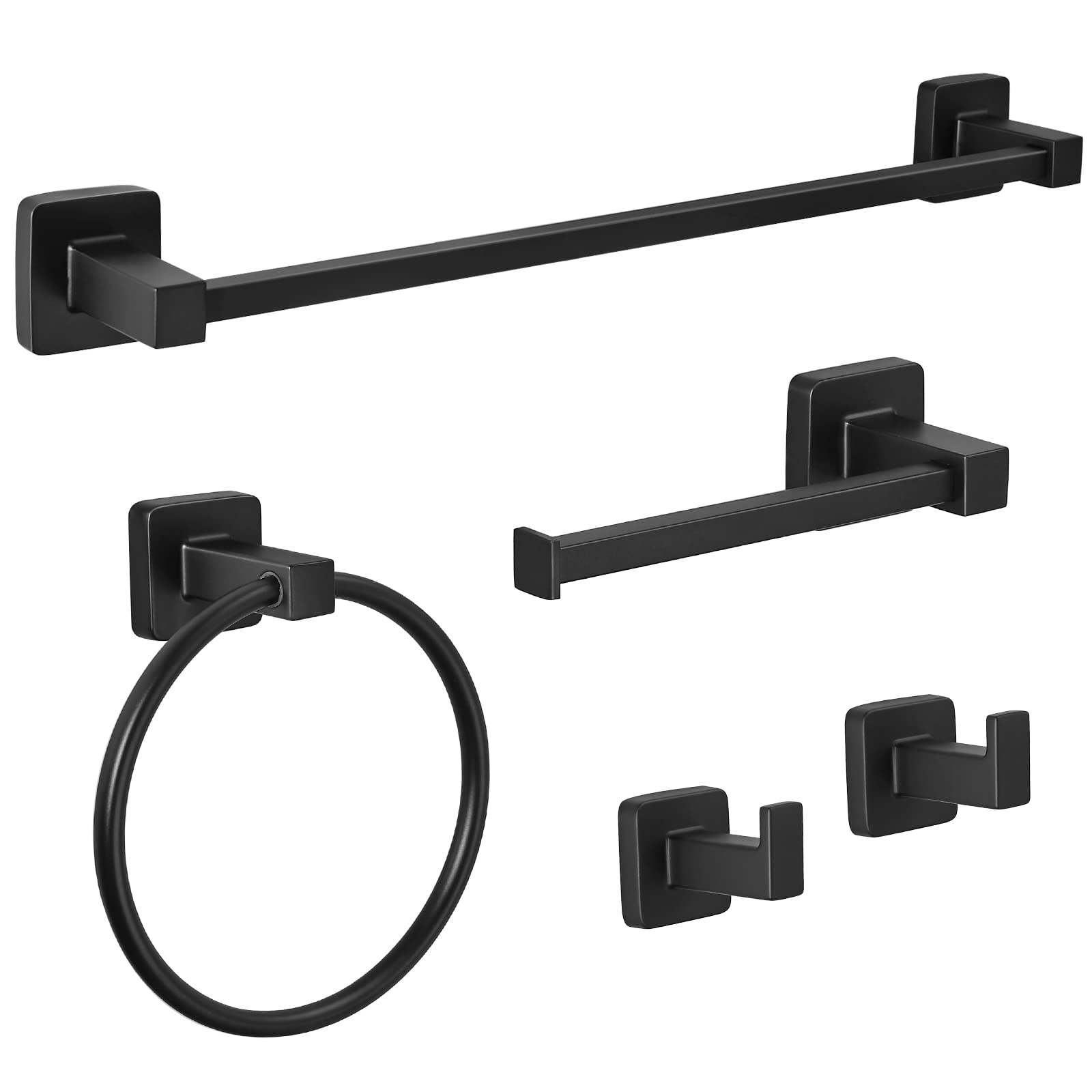 JiGiU 5-Piece Matte Black Bathroom Hardware Set 304 Stainless Steel Towel Rail Set with Wall Mounted 42cm Towel Bar, Toilet Paper Holder, Towel Ring & 2 Robe Hooks Rustproof for Bathroom Kitchen